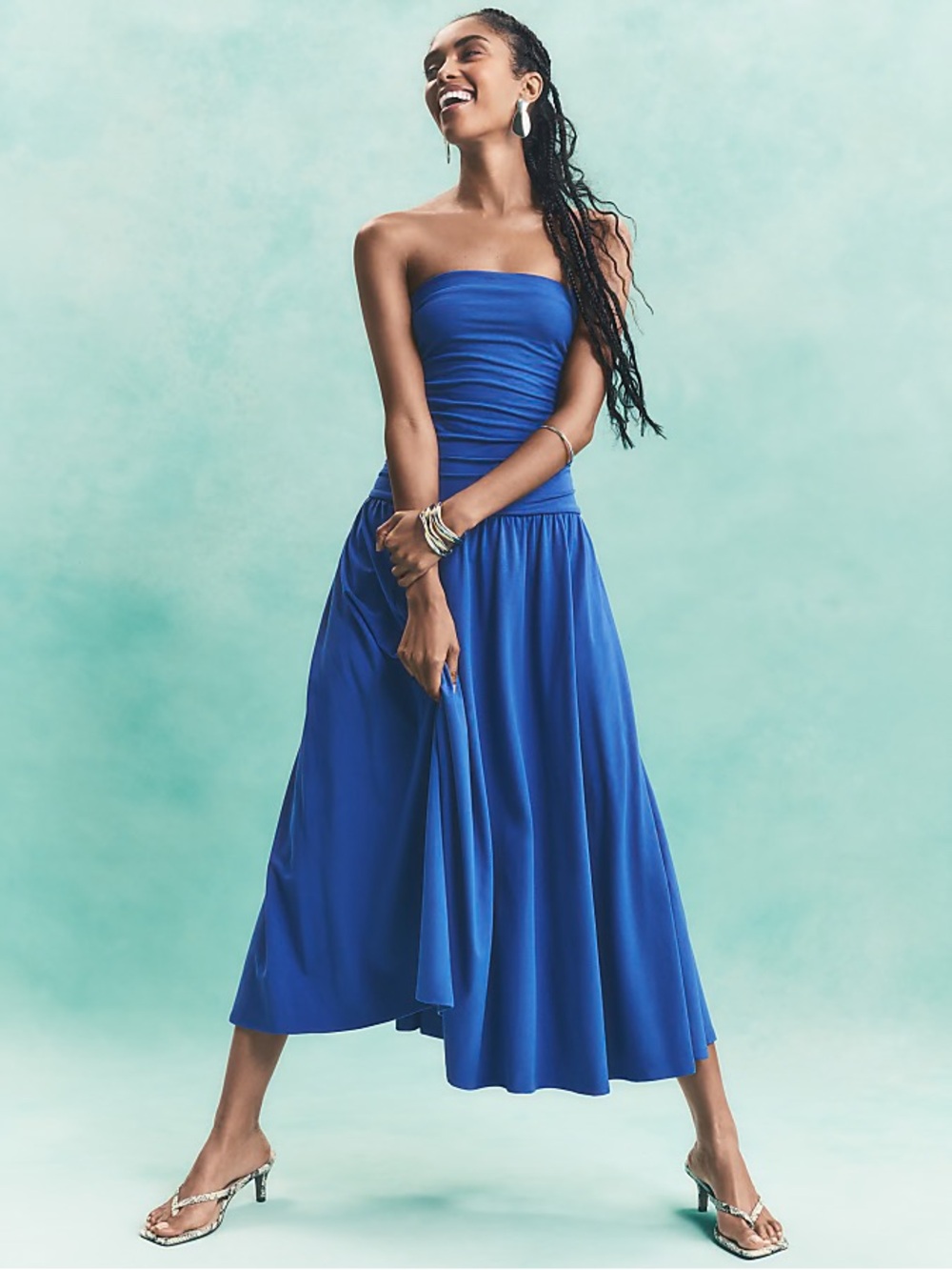 Loft Ruched Strapless Midi Dress Medium Blue